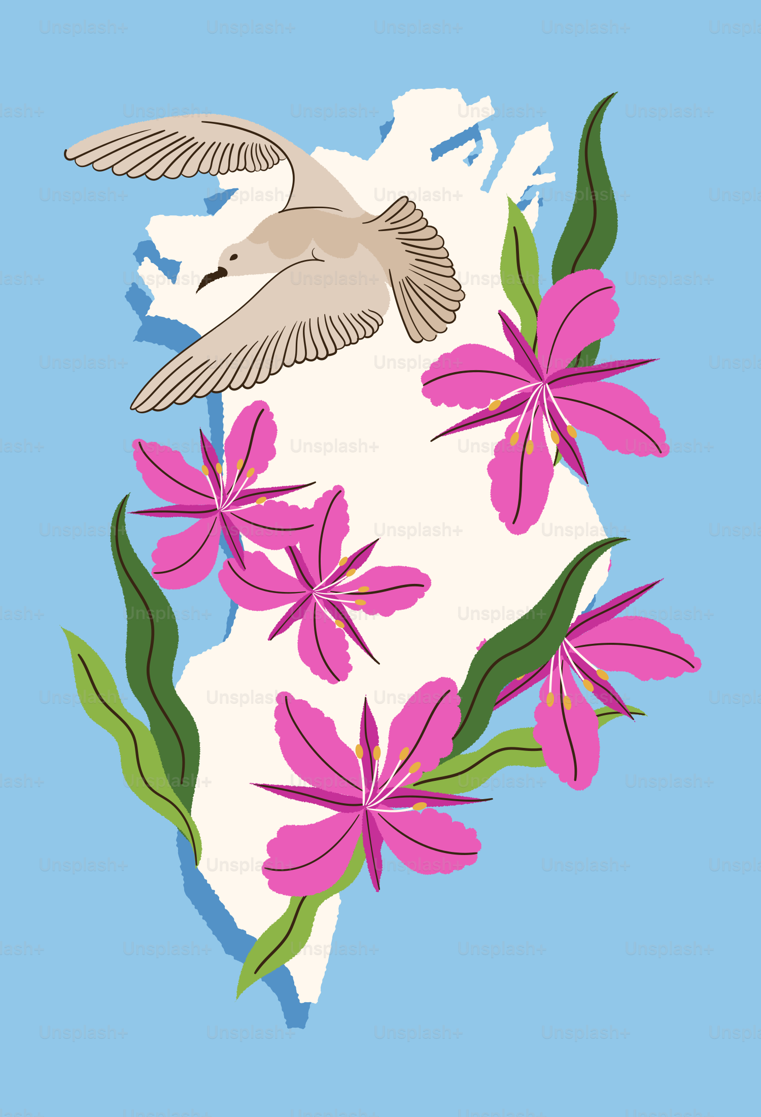 A bird flies over a map with flowers and leaves