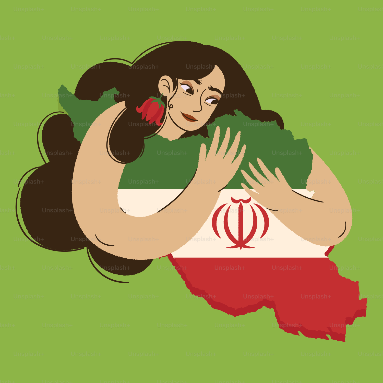 Woman embracing the map of iran with its flag.