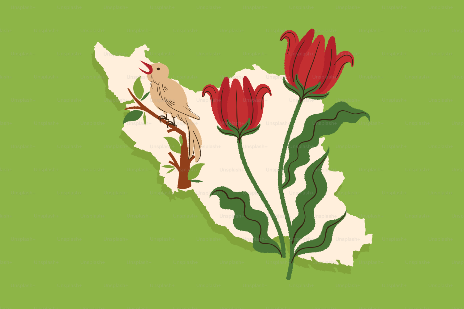 Map of iran with bird and red flowers.