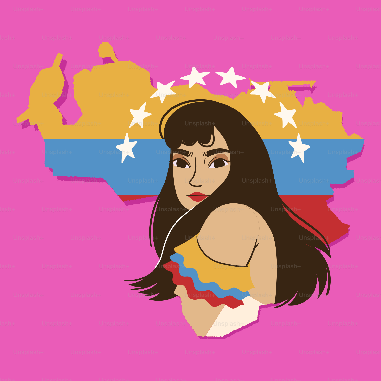 Woman in traditional dress with venezuelan flag map