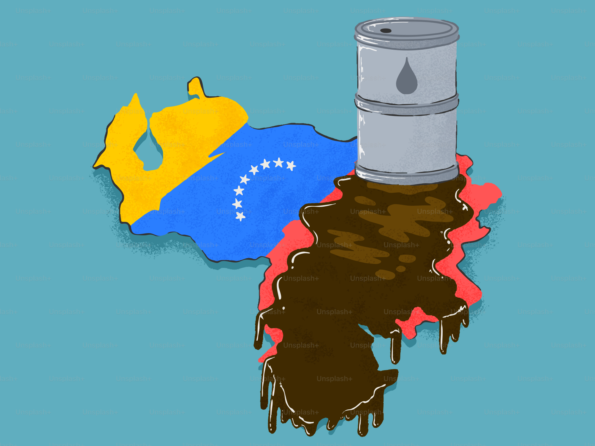 Oil barrel spills onto map of venezuela