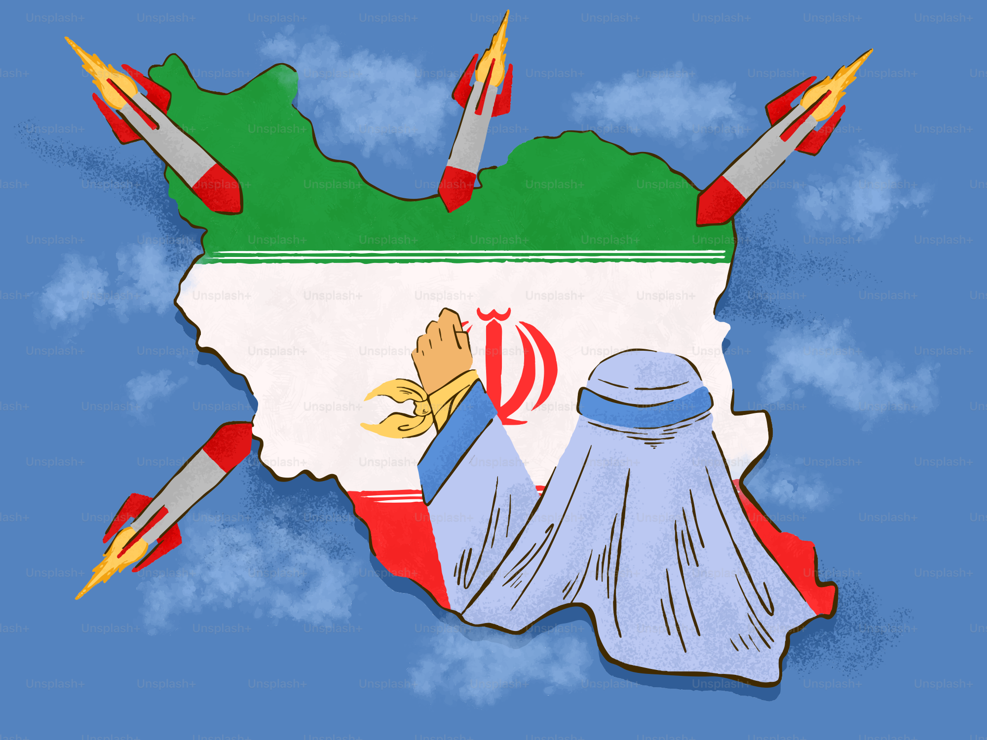 Missiles surround iran map with veiled figure