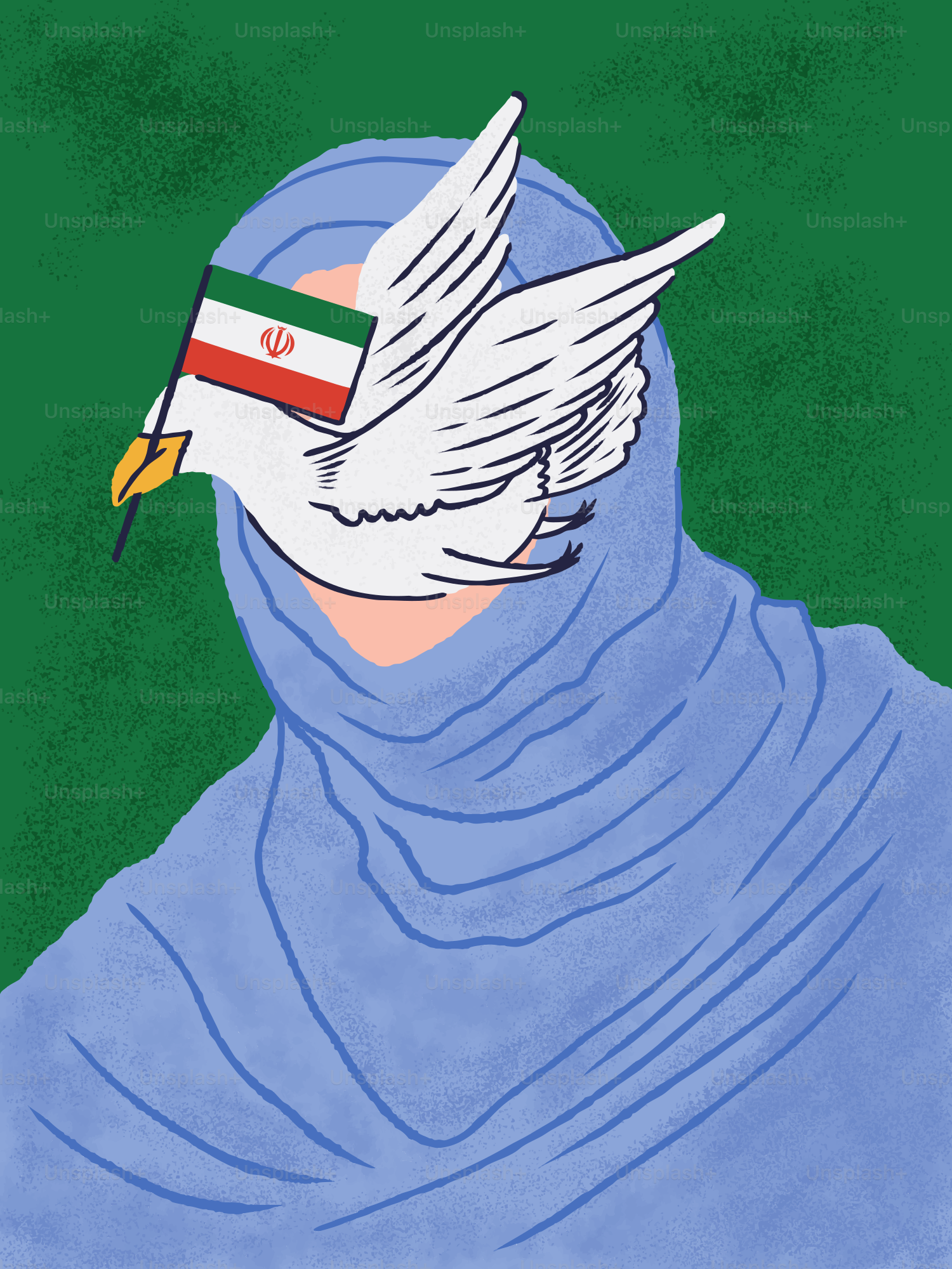 Dove carrying iranian flag over veiled person's eyes