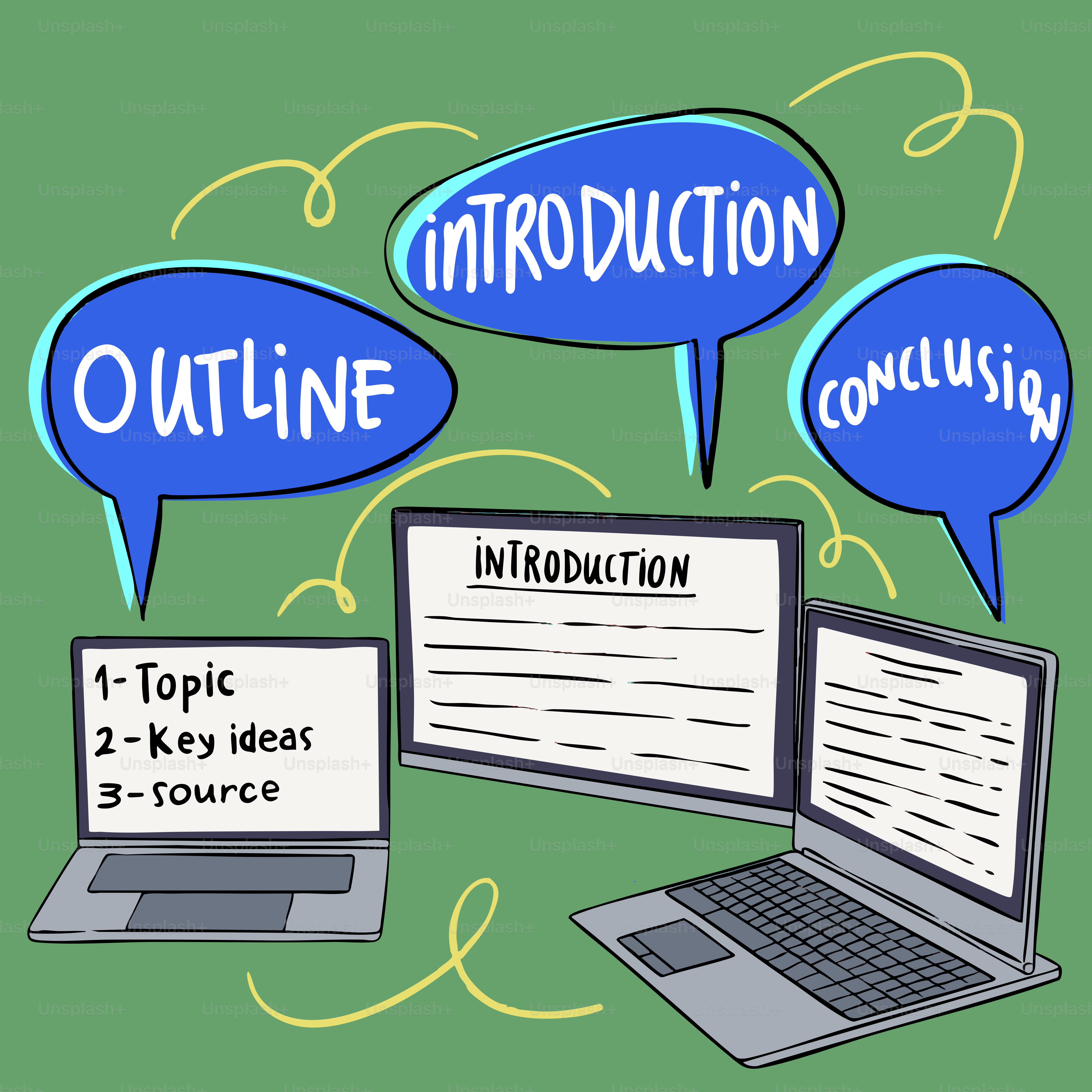 Laptops zeigen Gliederungs-, Einleitungs- und Schlussabschnitte an.