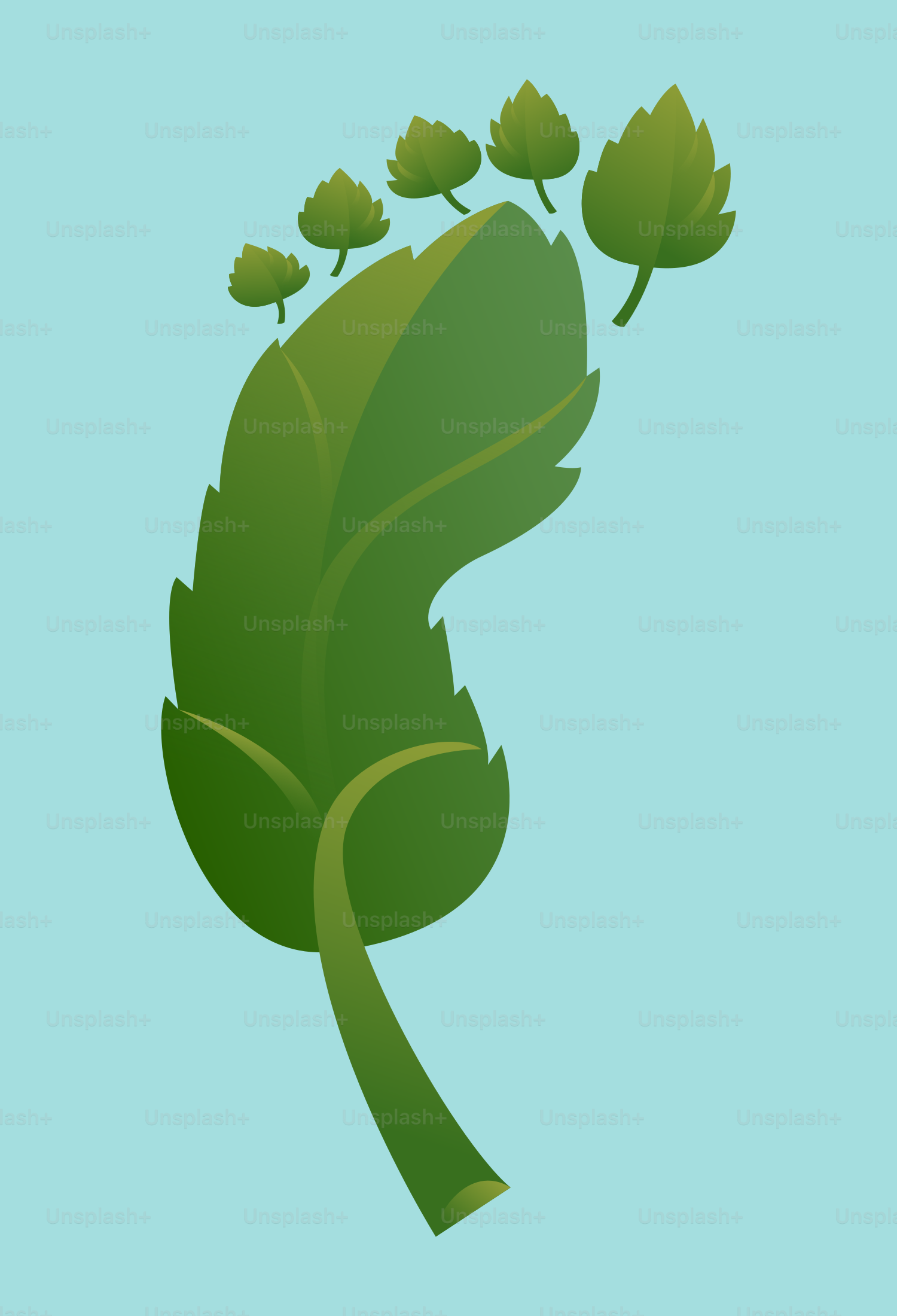 Feuille verte en forme d’empreinte sur fond bleu clair