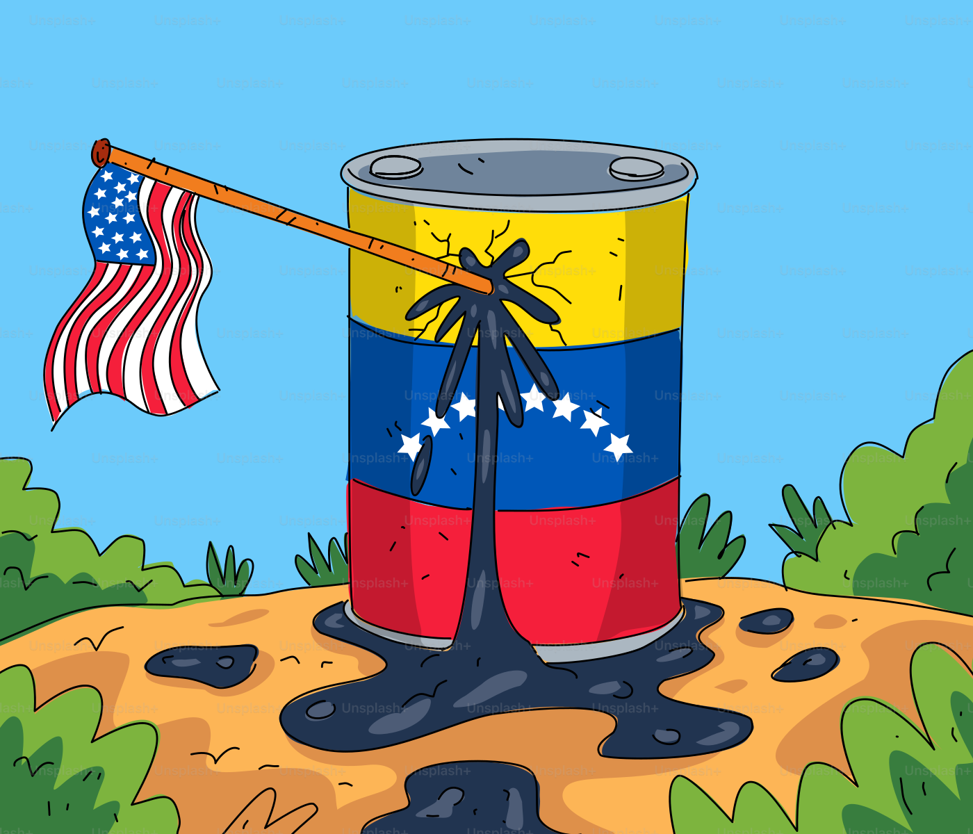 Oil barrel with venezuelan flag and us flag on stick