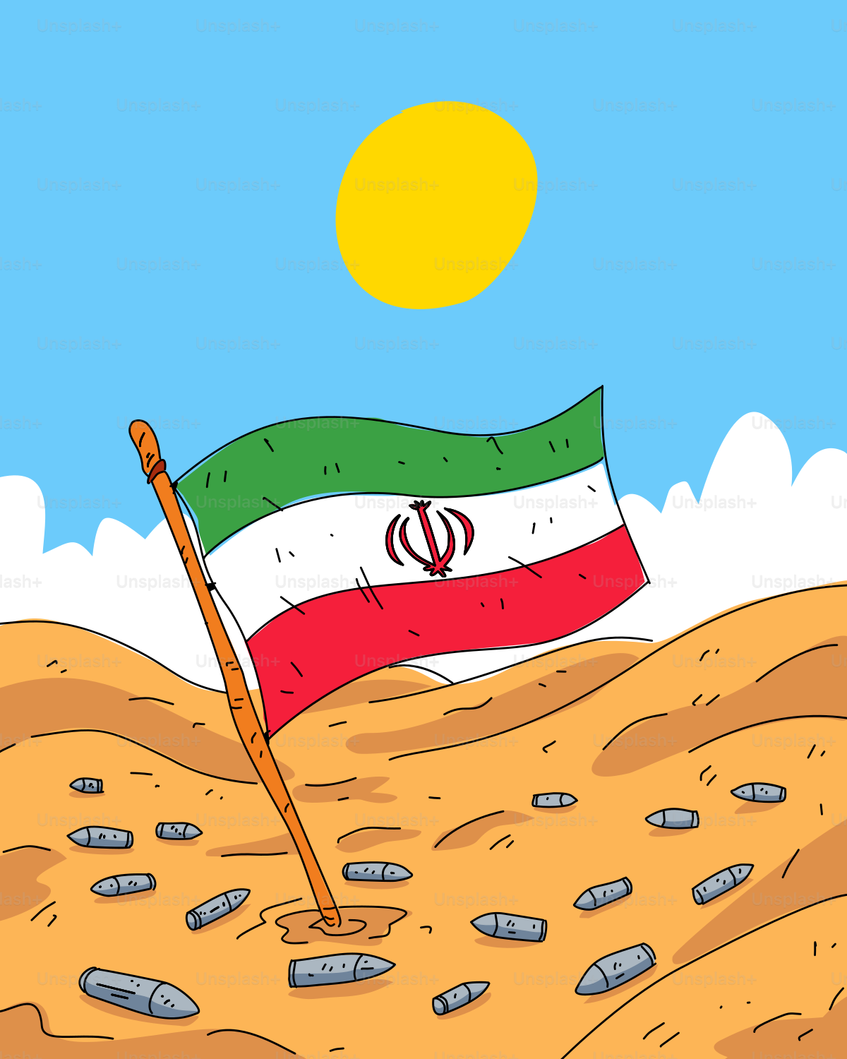 Iranian flag in desert with scattered bullets