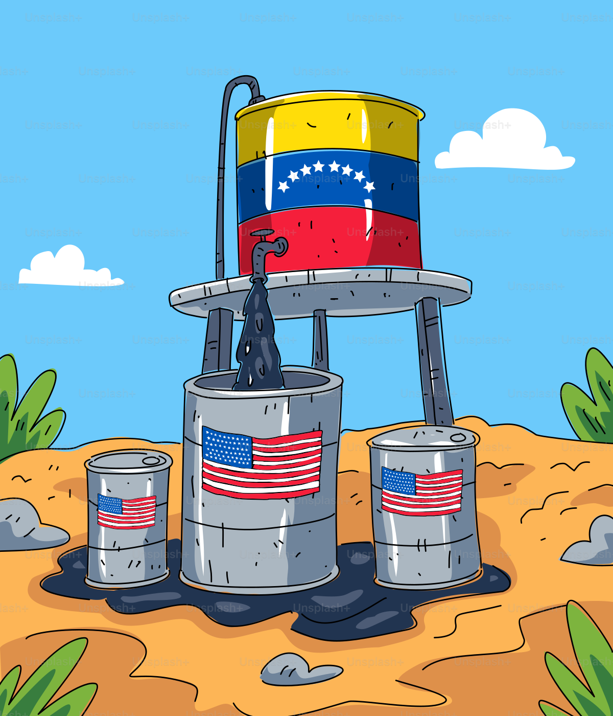 Oil barrels with venezuelan and us flags