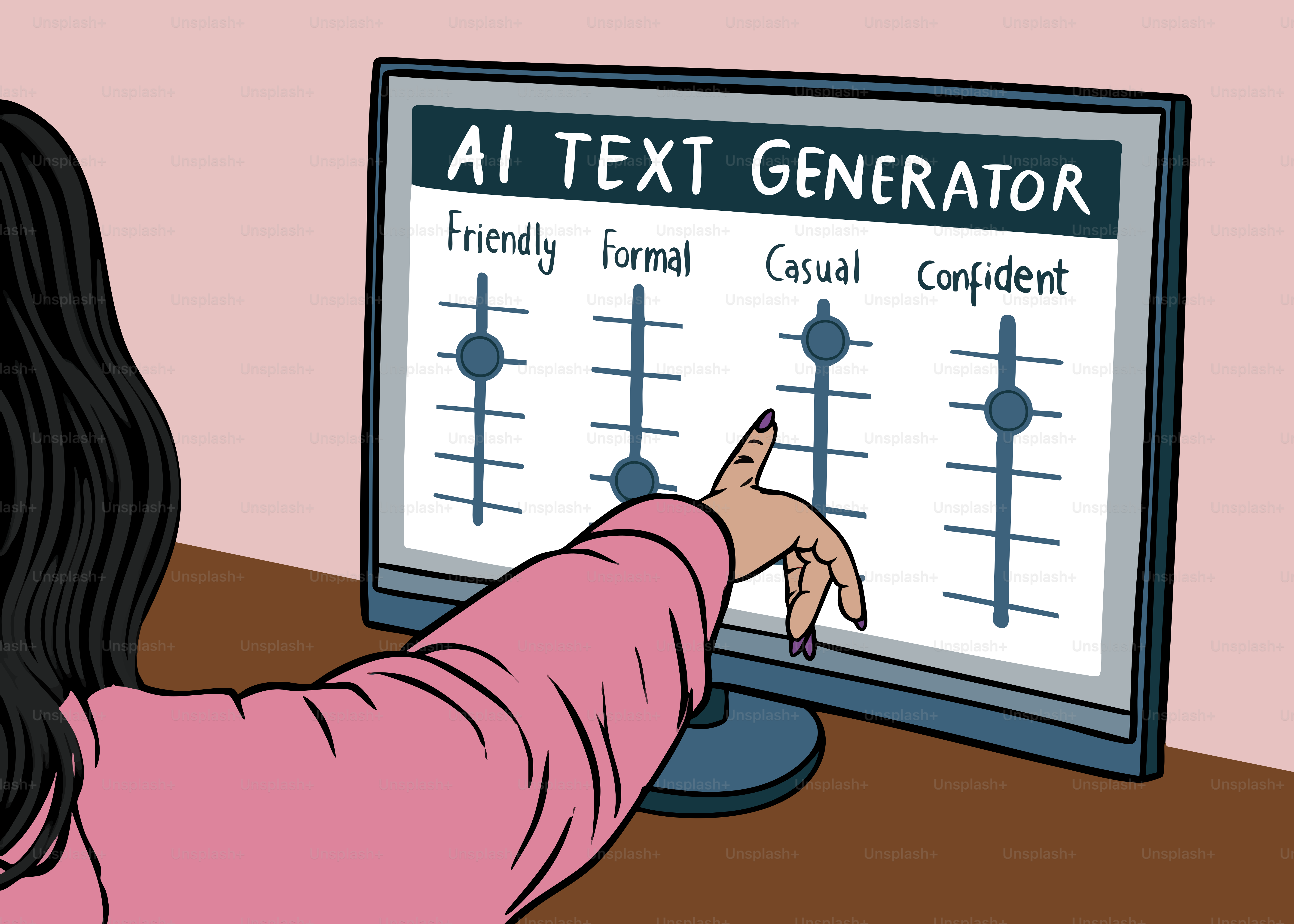 Person passt die KI-Textgenerator-Einstellungen auf dem Computerbildschirm an.