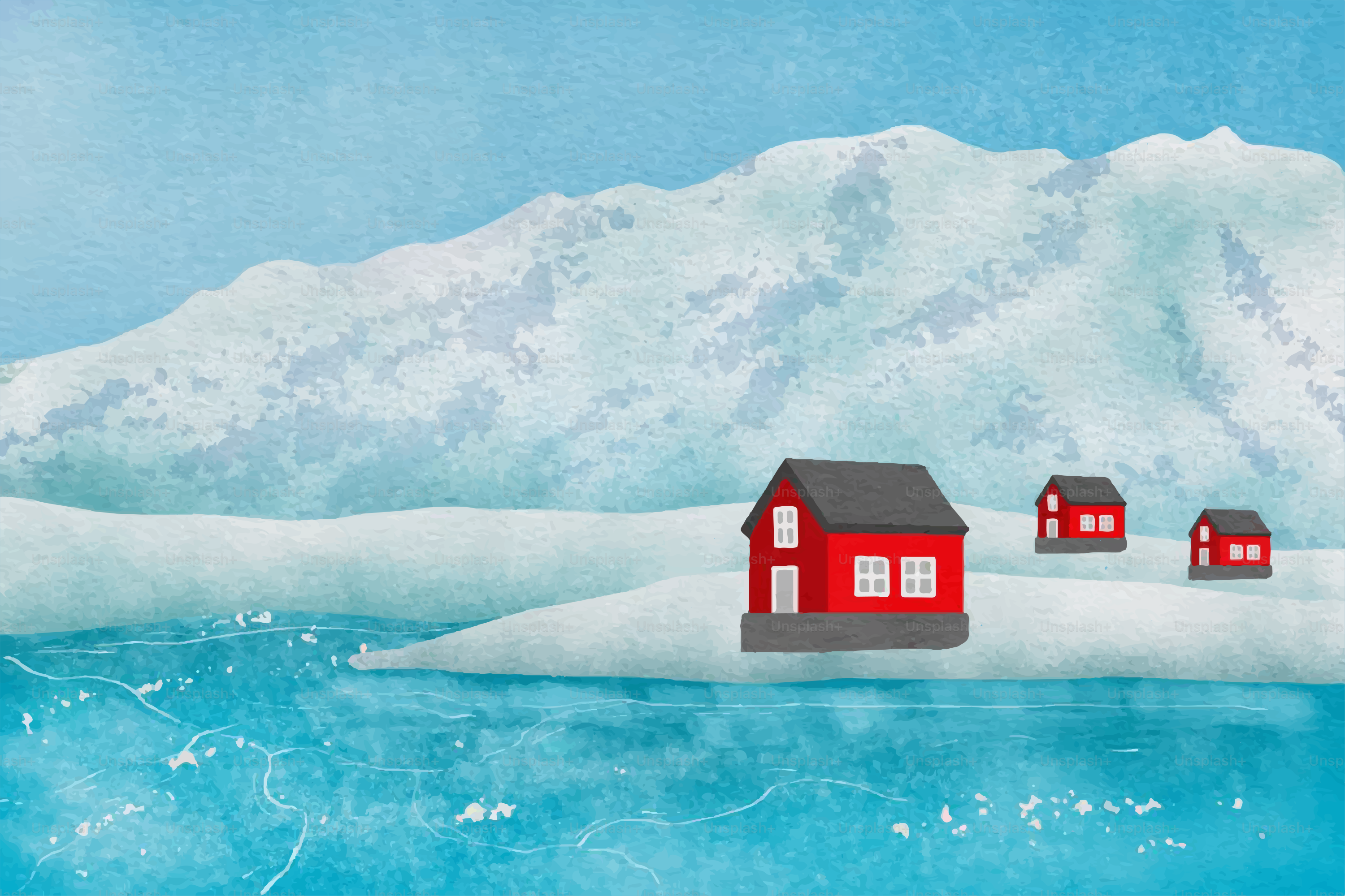 Casas vermelhas em uma paisagem gelada com um grande iceberg.