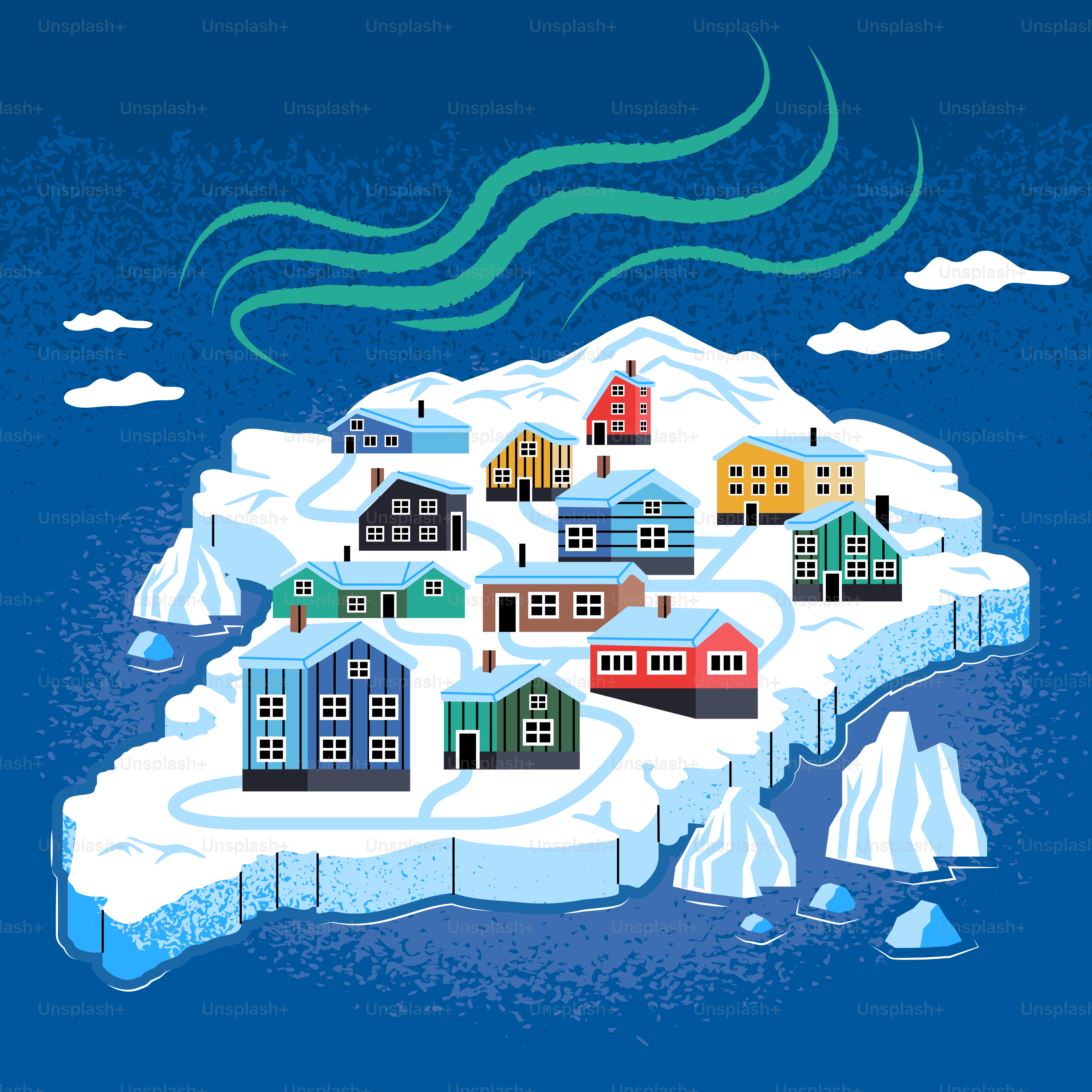 Colorful houses on a snowy island under aurora borealis