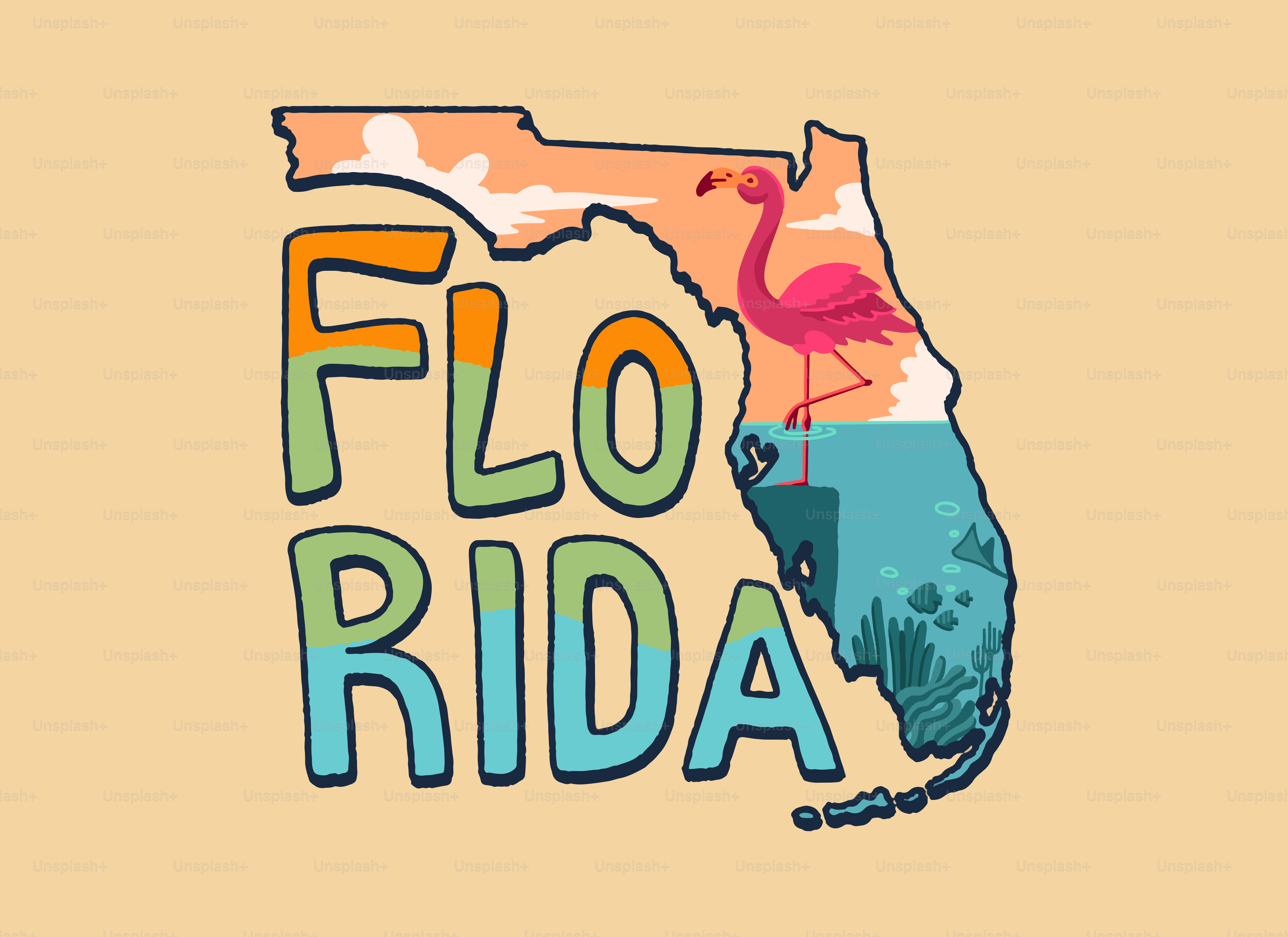 Florida-Karte mit Flamingo- und Ozeanszene