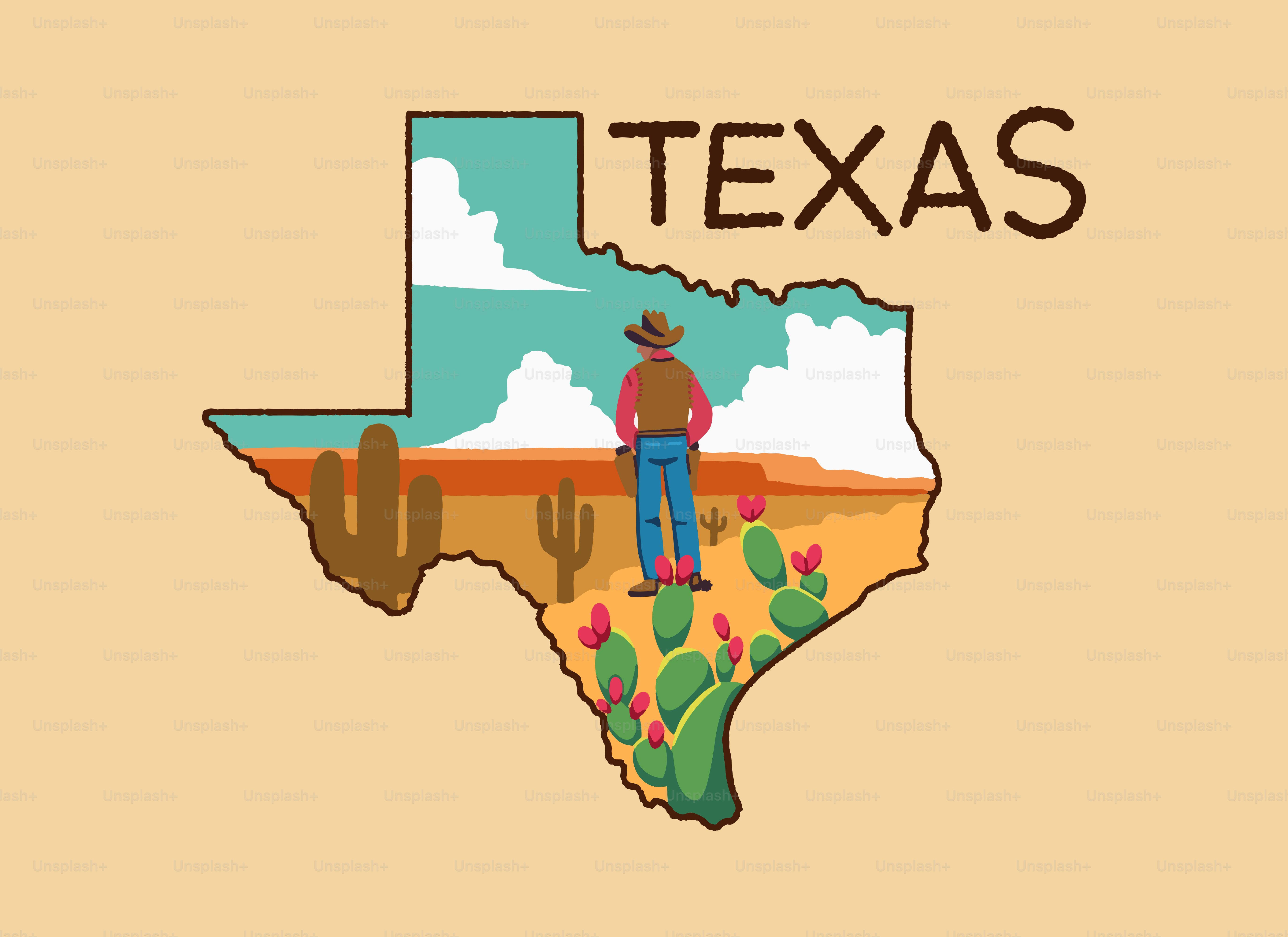 Cowboy in texas desert landscape within state outline