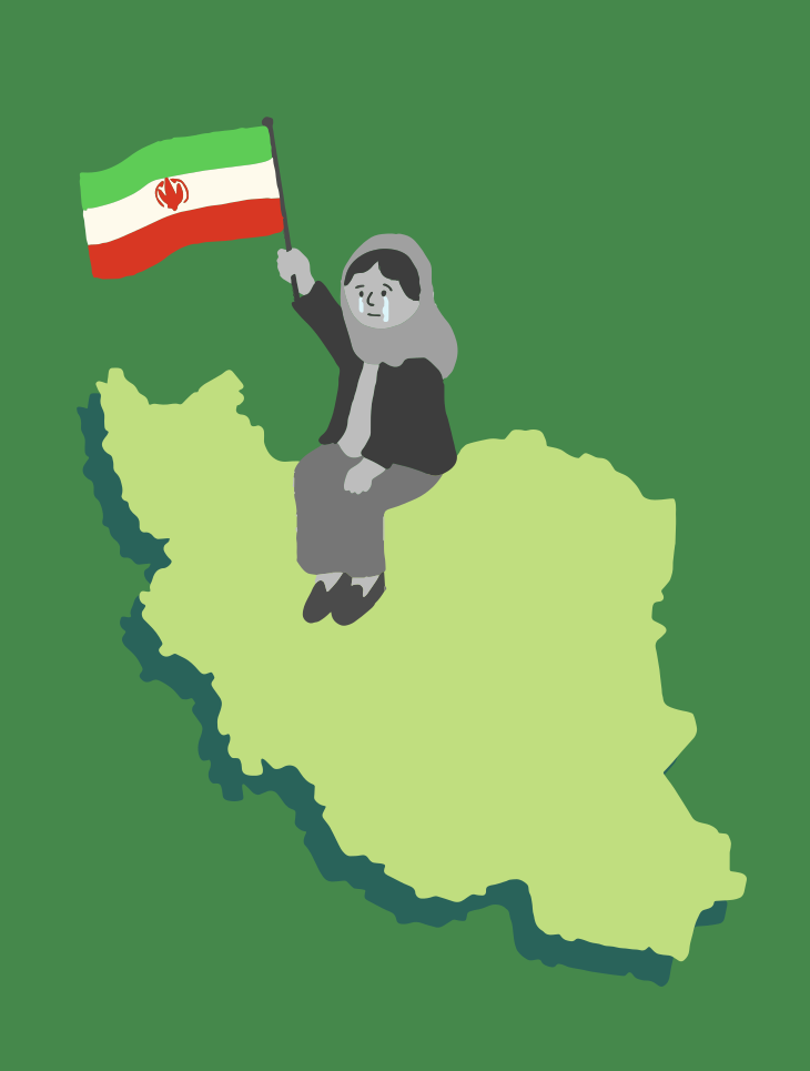 Woman on iran map holding flag, waving flag