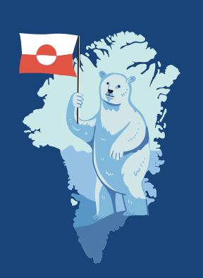 Orso polare che tiene la bandiera della Groenlandia sulla mappa e il contorno della mappa