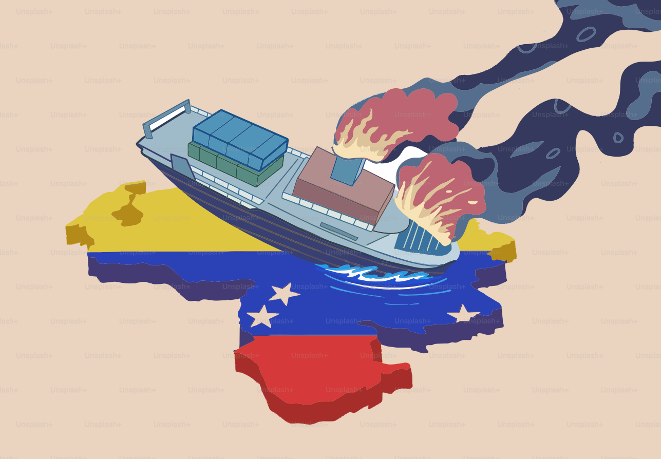 Nave in fiamme sulla bandiera e mappa venezuelana