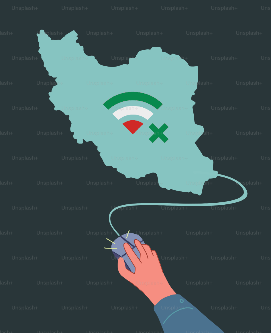 Map of iran with internet outage symbol and mouse