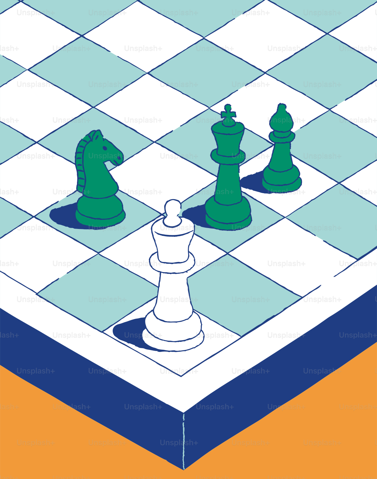 Green chess pieces surround a white queen on board.