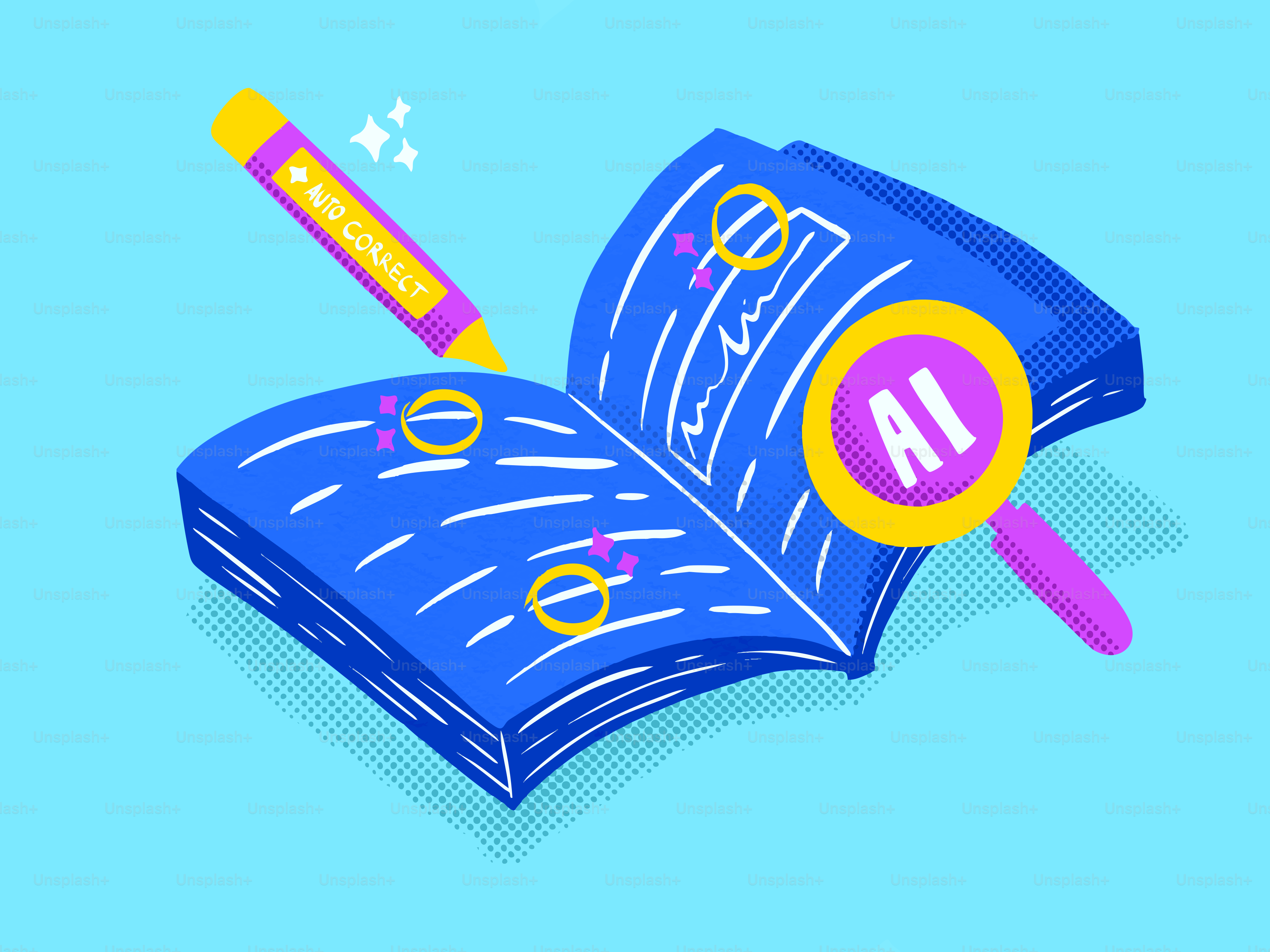 Libro aperto con lente d'ingrandimento e matita