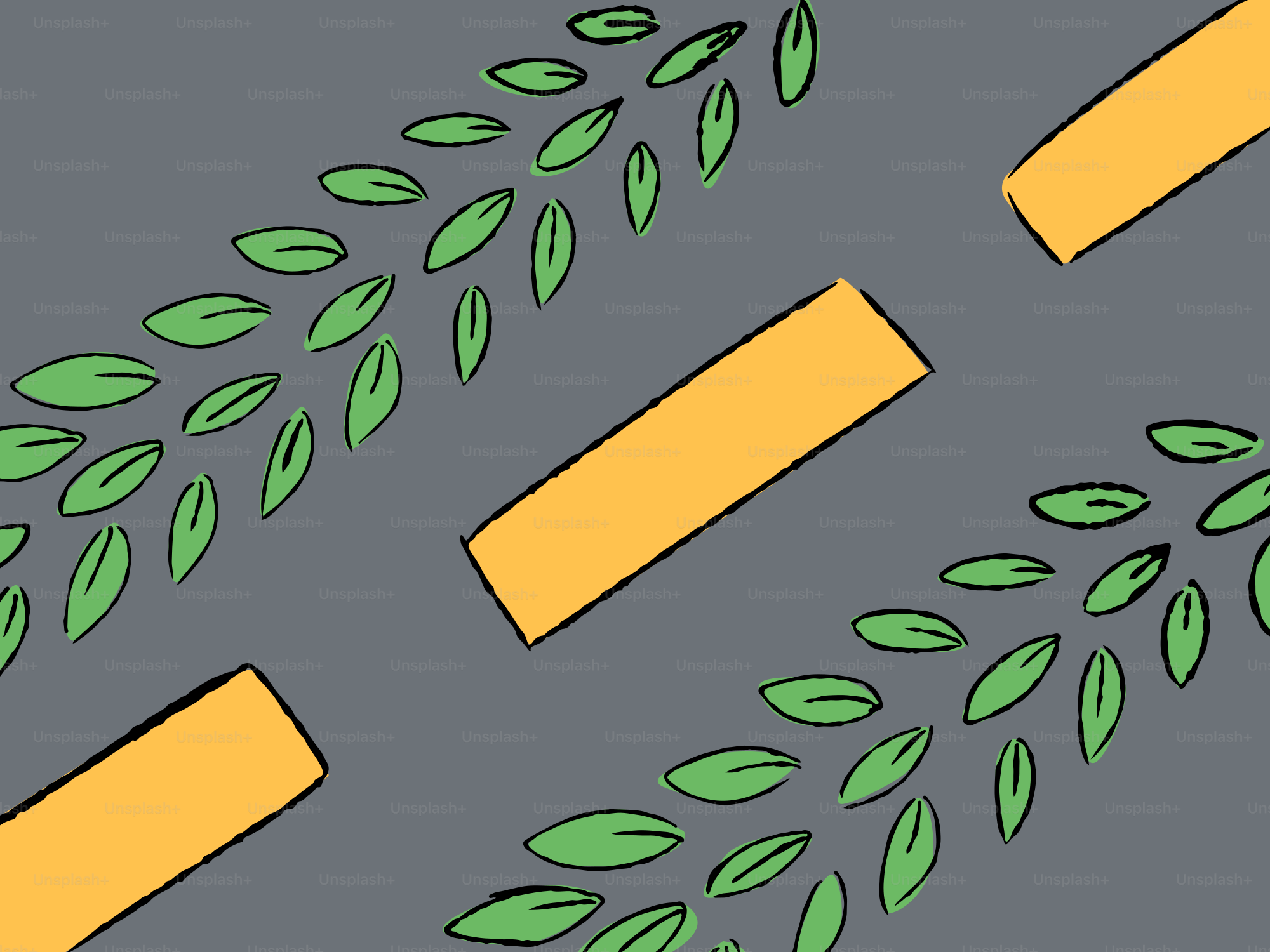 Grüne Blätter und gelbe Rechtecke auf grauem Hintergrund