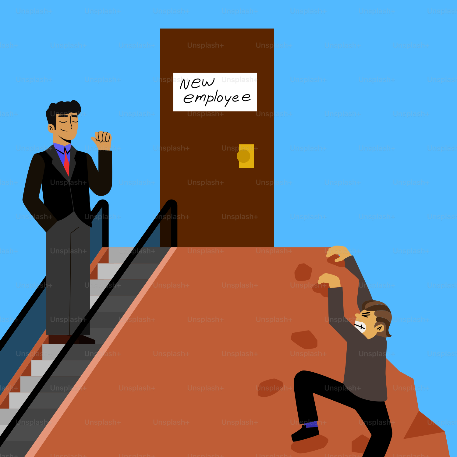 Uomo sulla scala mobile sale verso la porta del nuovo dipendente.