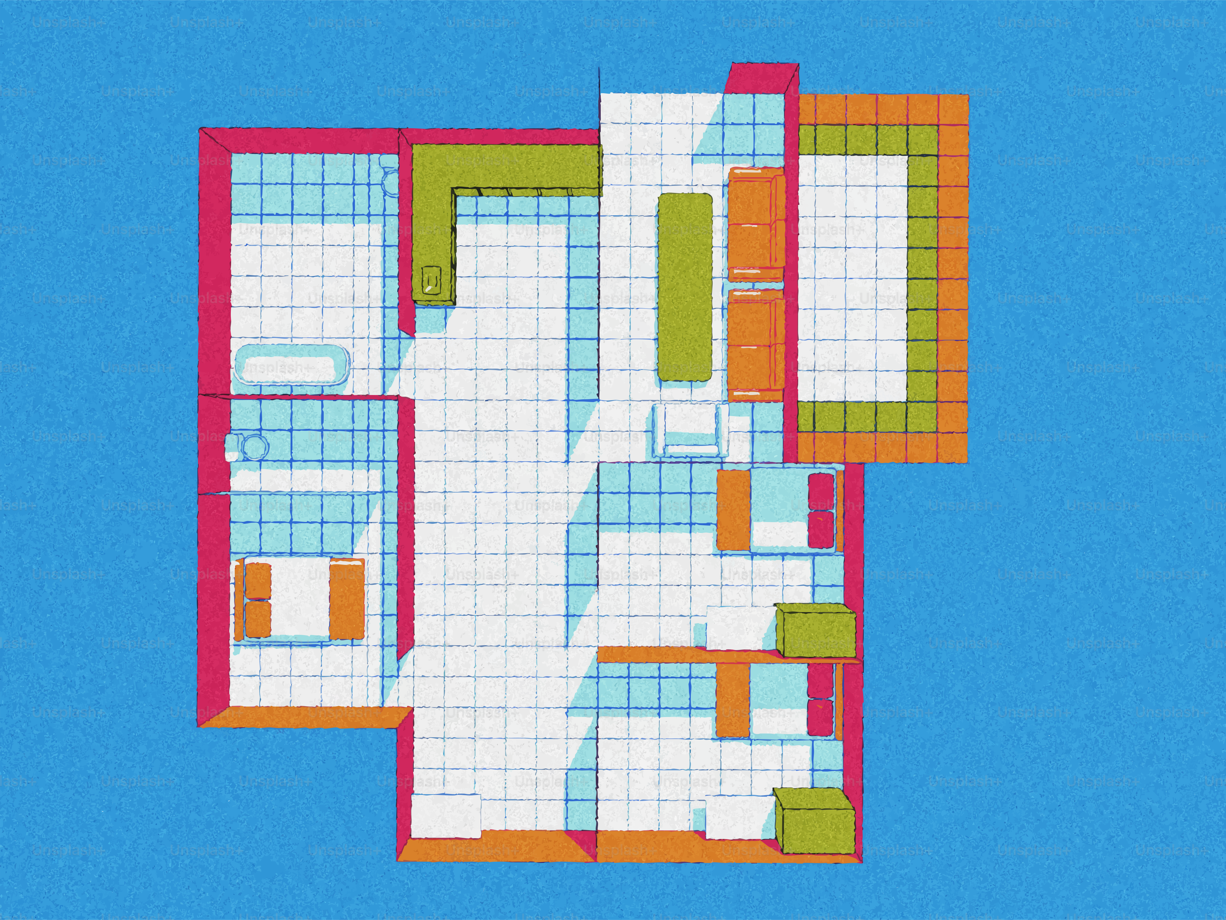 Un colorido plano arquitectónico con mobiliario