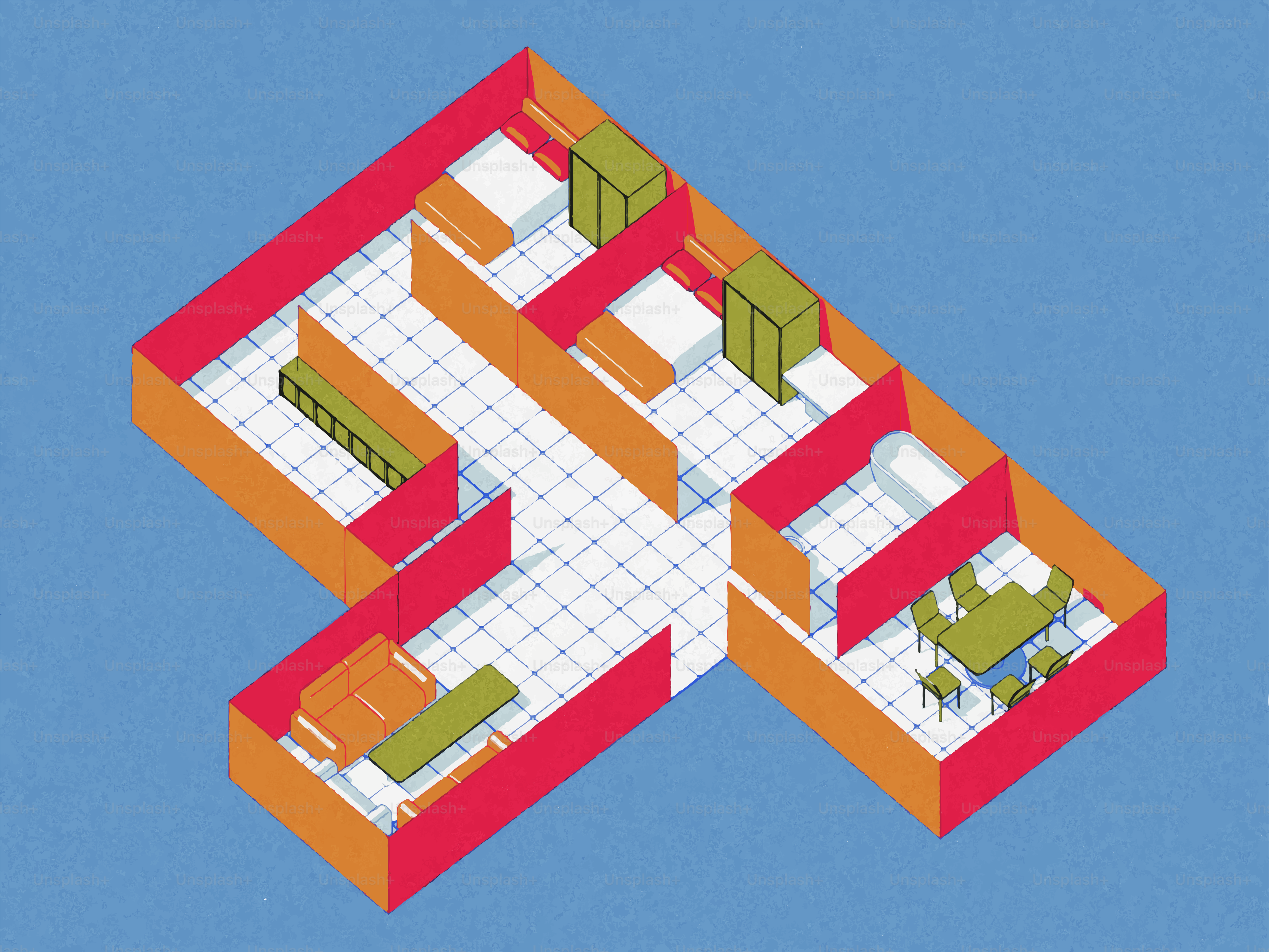 Vista isométrica de un plano con muebles.