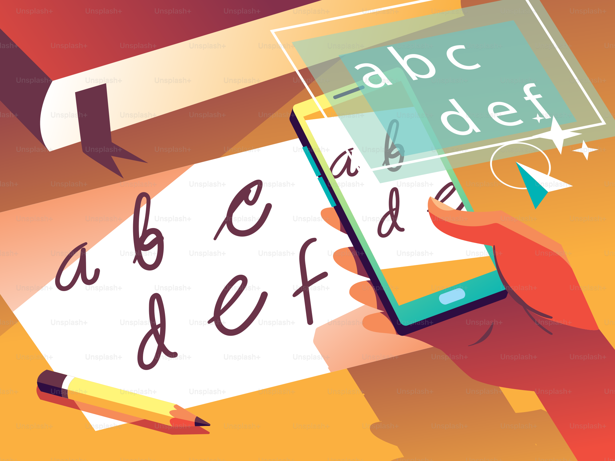 Téléphone tenant la main montrant des lettres cursives près du papier avec du papier.