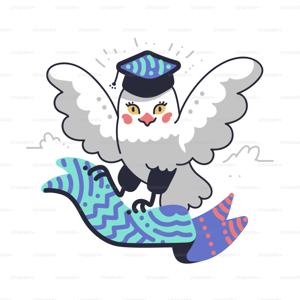 Eine Eule mit Abschlussmütze reitet auf einem Band.