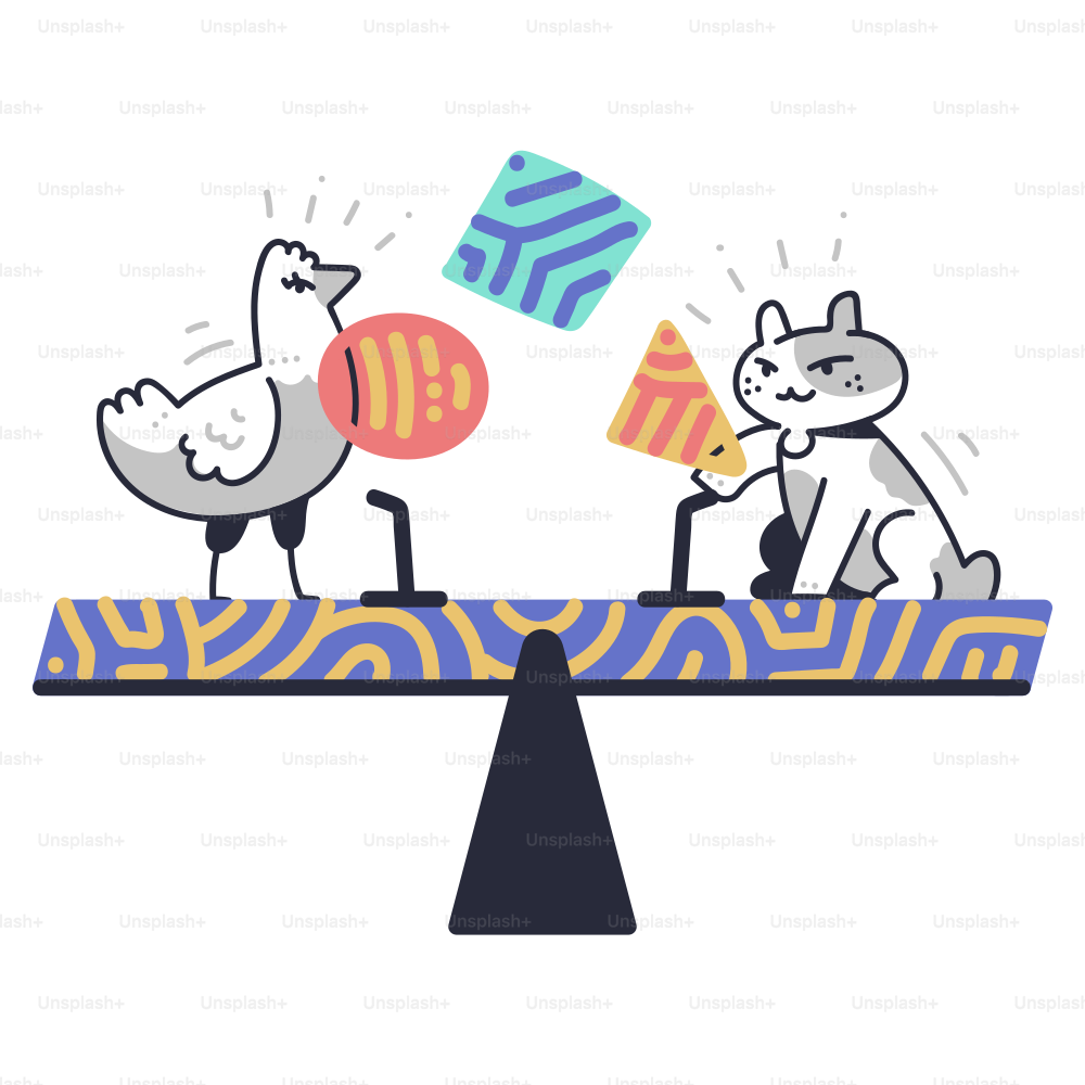 A bird and cat on a seesaw with objects.