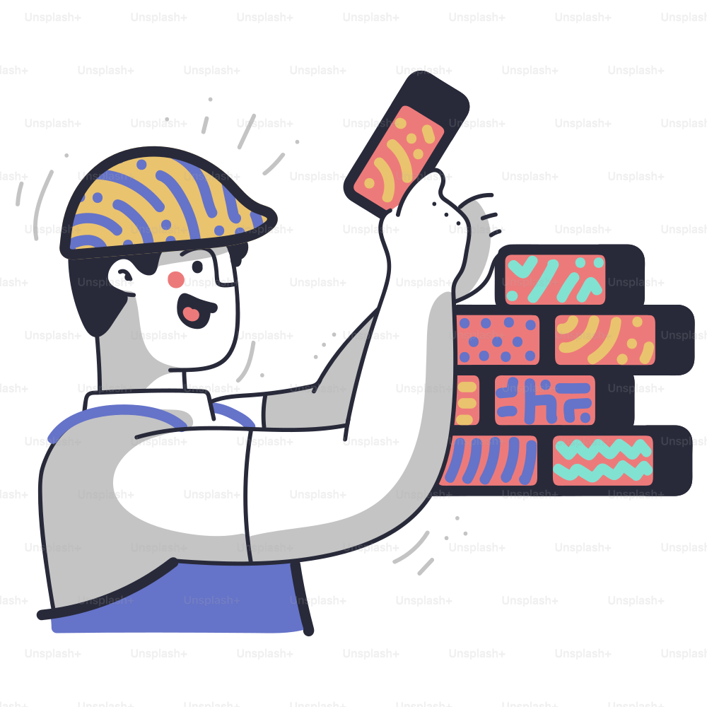 Construction worker building a wall with colorful bricks