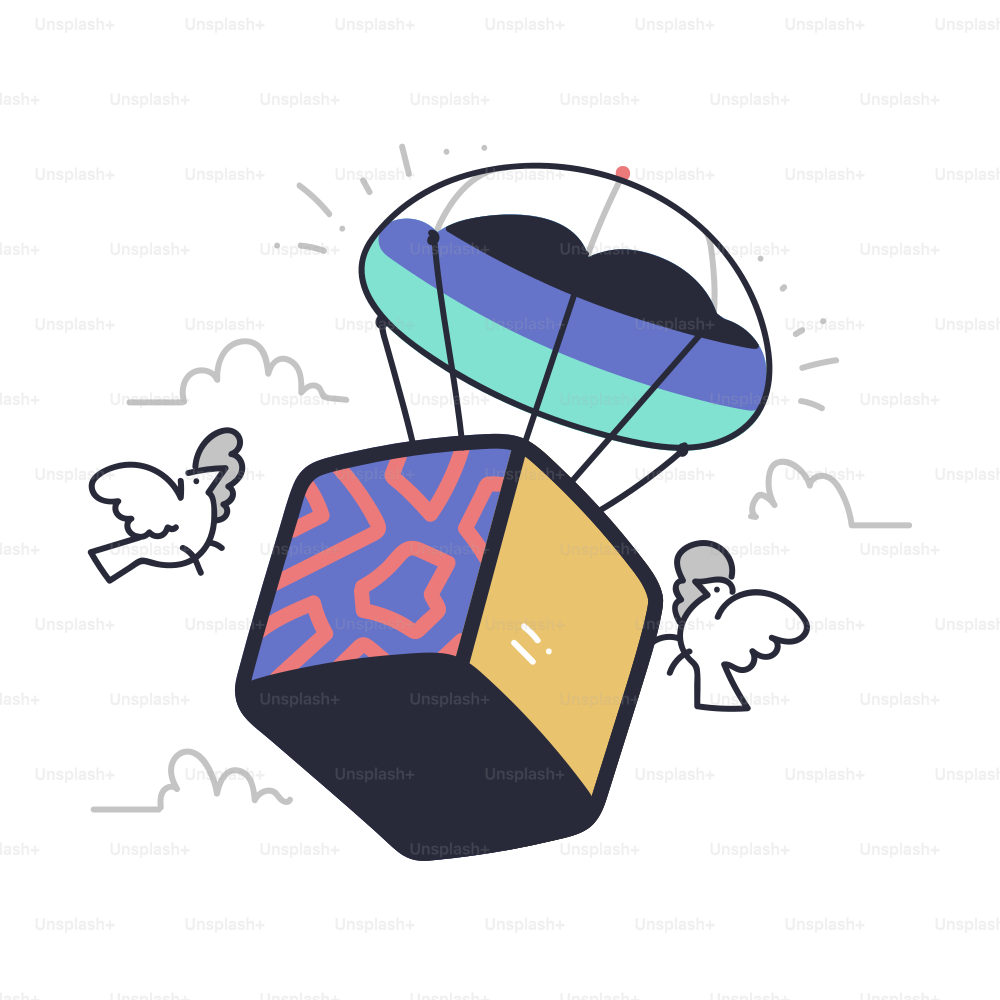 A colorful cube descends under a parachute with birds.
