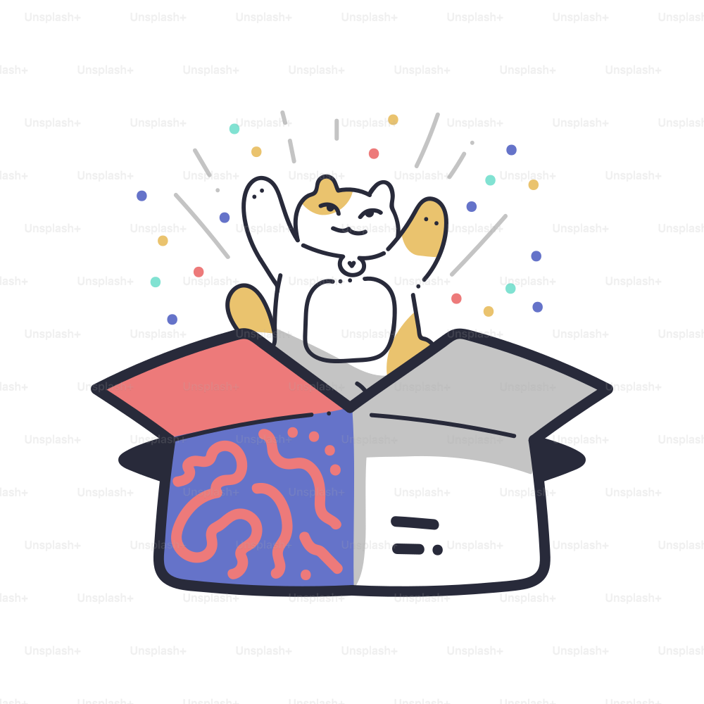 Um gato feliz salta de uma caixa aberta.
