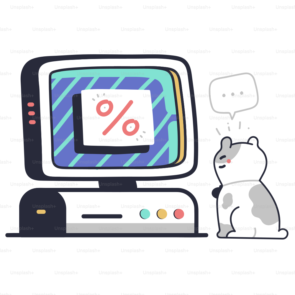 Um gato de desenho animado olha para uma tela de computador vintage.