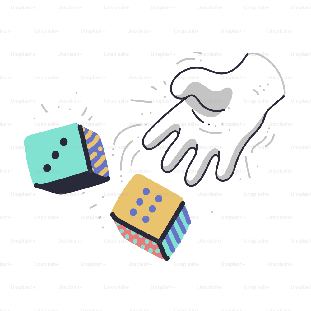 A hand tossing two colorful dice with dots.