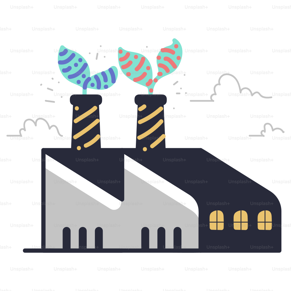 Factory with green leaves emerging from chimneys