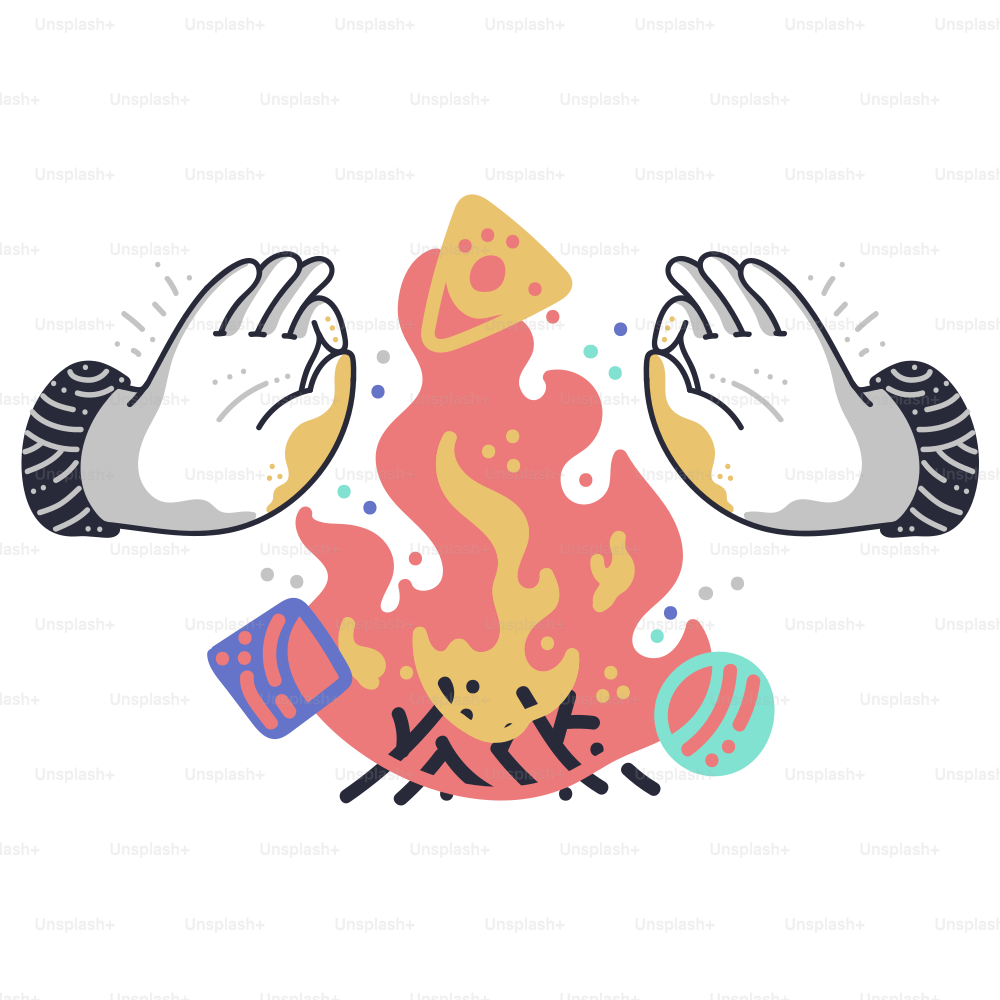 Hands gesturing near a campfire with snacks