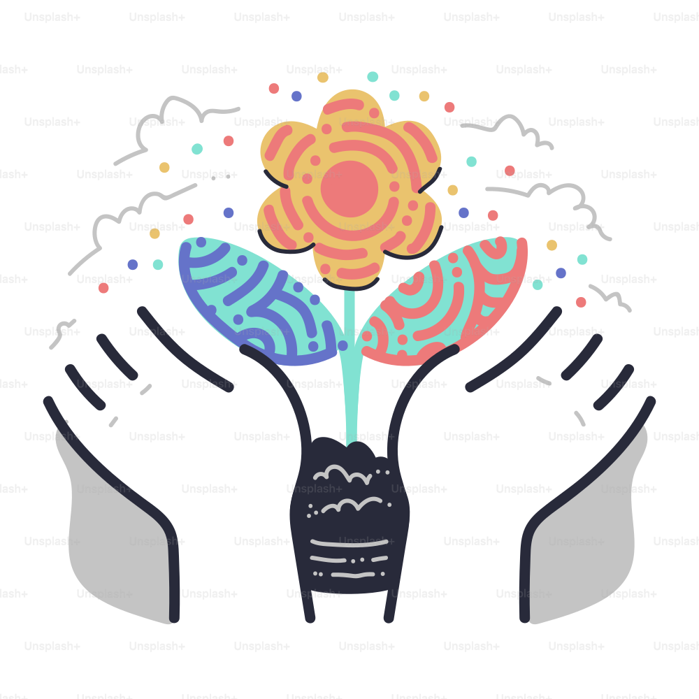 Hands nurturing a colorful blooming flower with confetti.