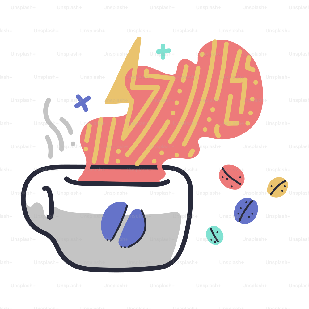 A steaming cup of coffee with colorful beans