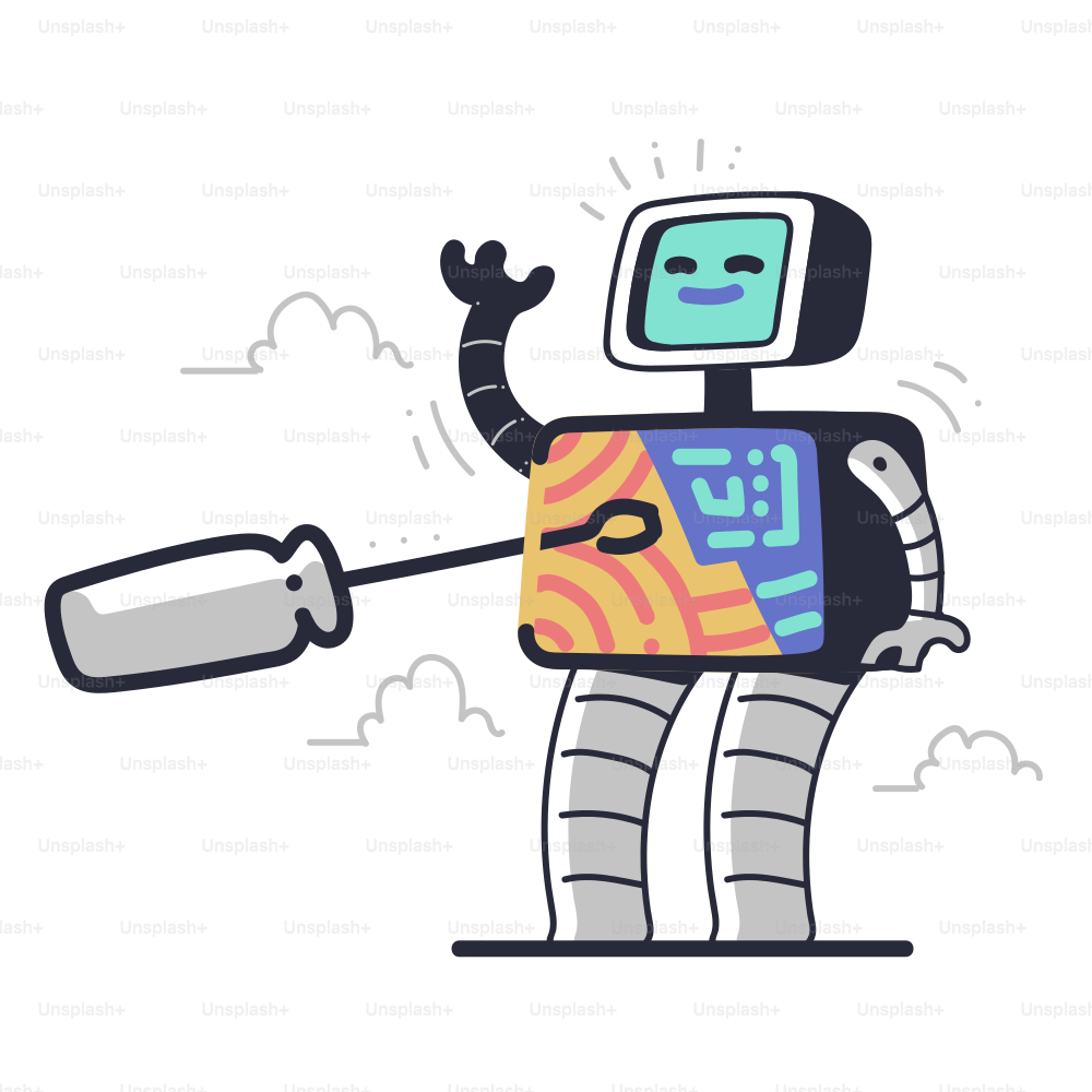 ドライバーを持ったカートゥーンのロボットが手を振って挨拶します。