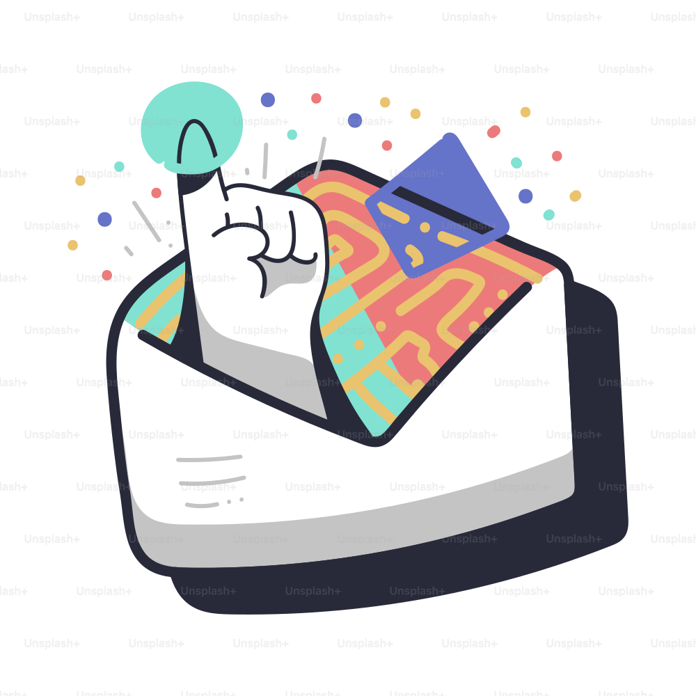 Hand with finger pointing at a colorful envelope vector – Illustration ...