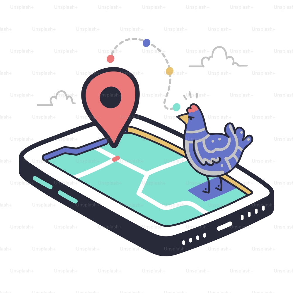 A cartoon chicken stands on a smartphone map.