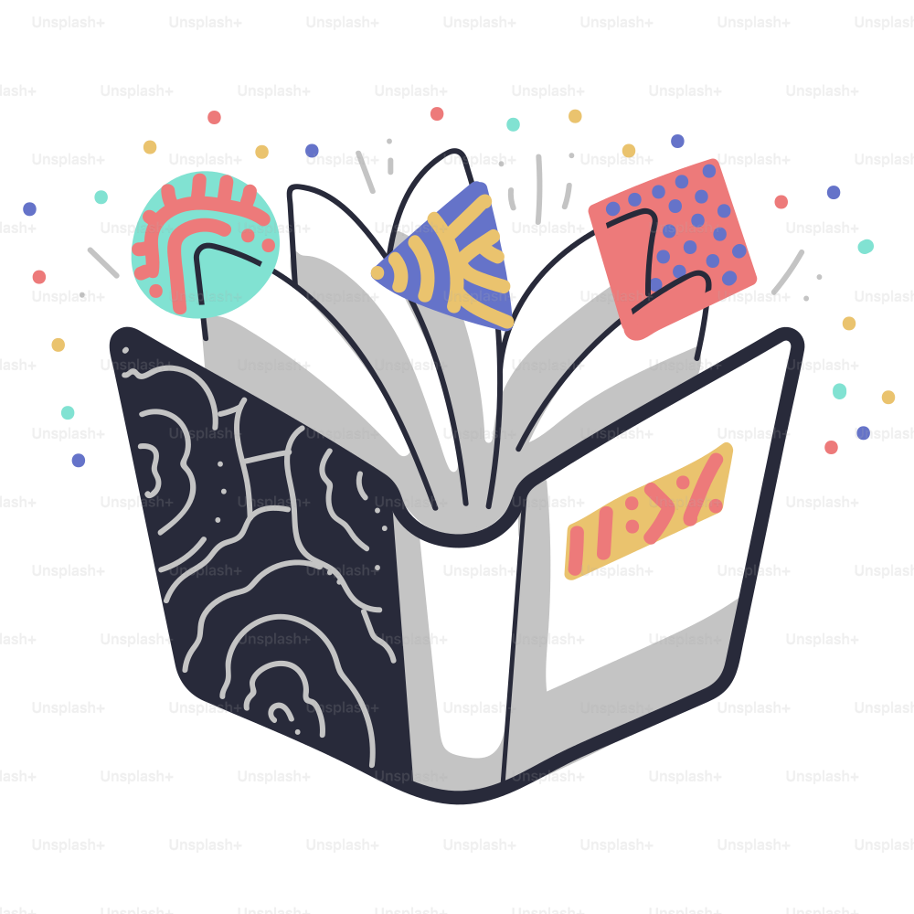 Open book with colorful abstract shapes emerging