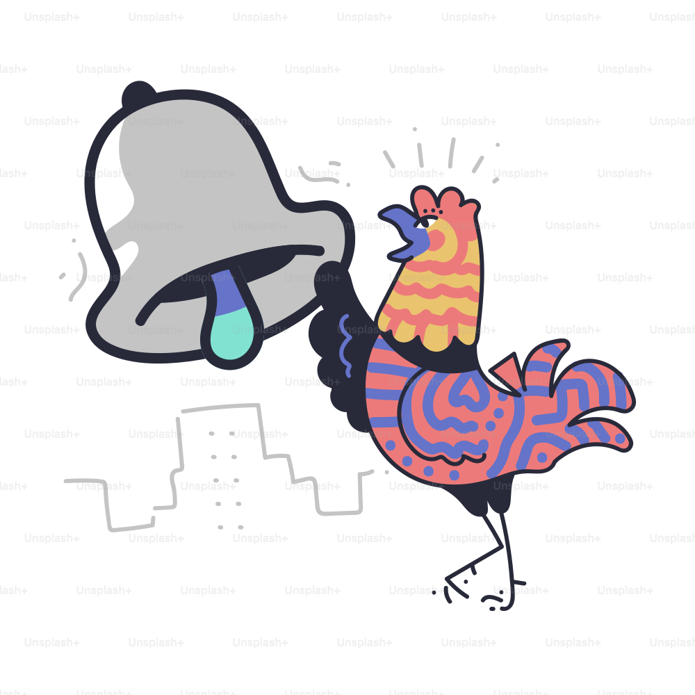 A colorful rooster rings a large bell