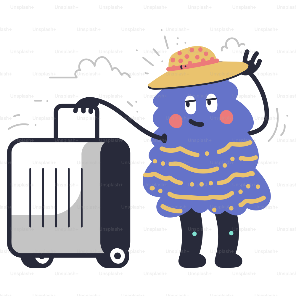 A blue creature with a hat and suitcase