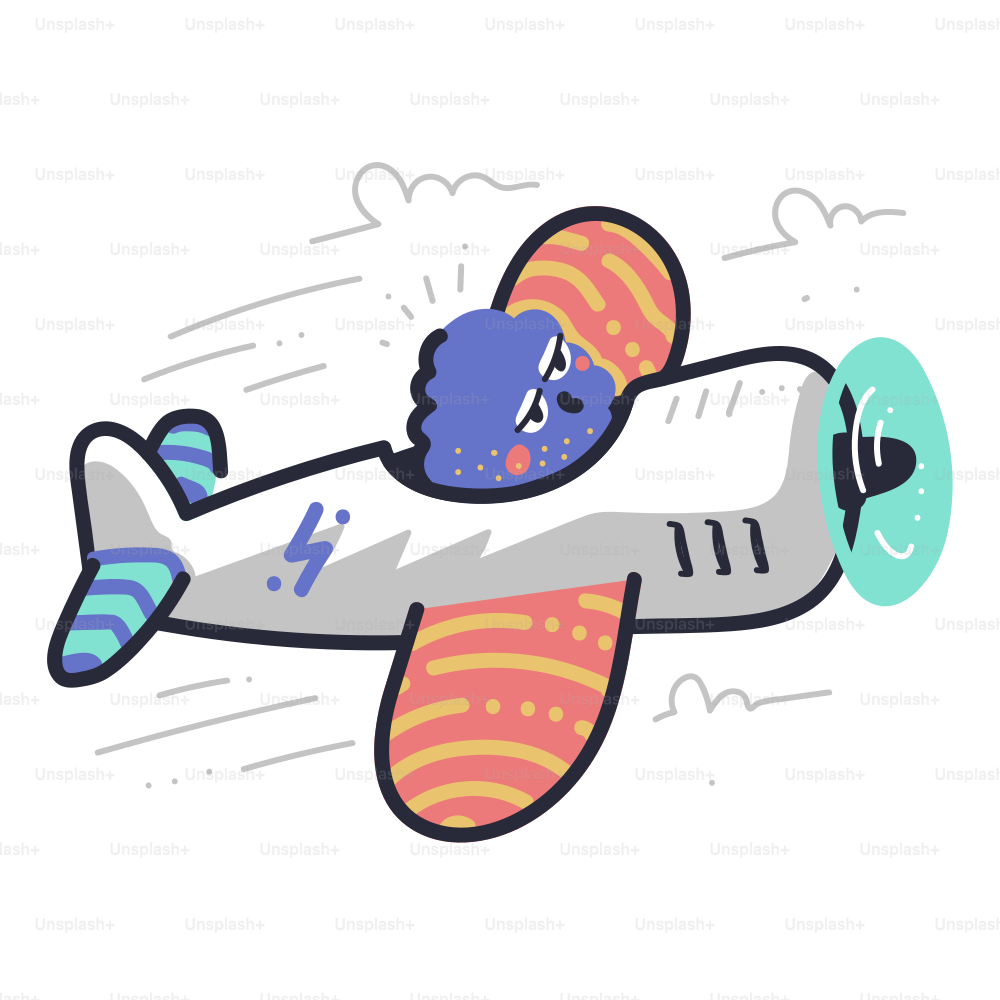 A cartoon character flies a propeller airplane through clouds.