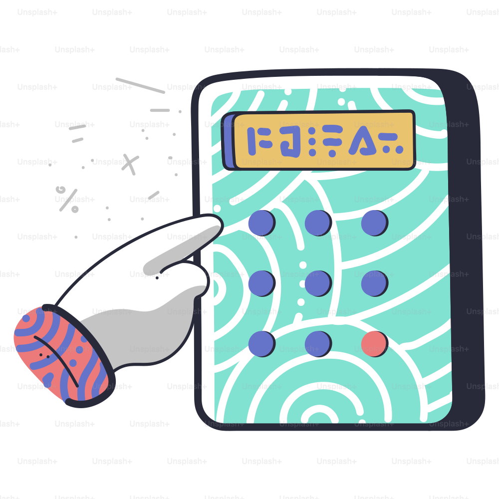 Pulsar un botón con la mano en una calculadora con símbolos.