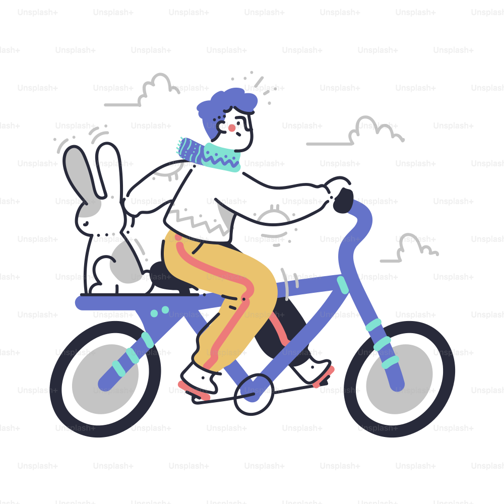 Person riding bicycle with rabbit on back