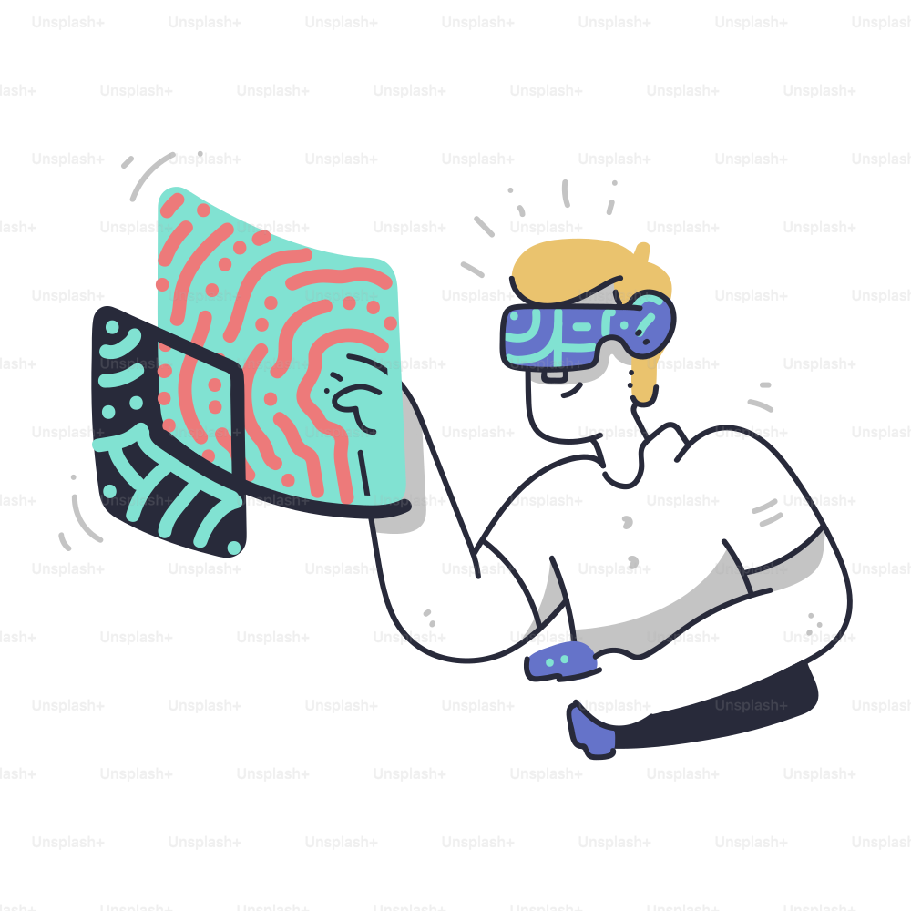 Mann mit VR-Headset interagiert mit digitaler Schnittstelle