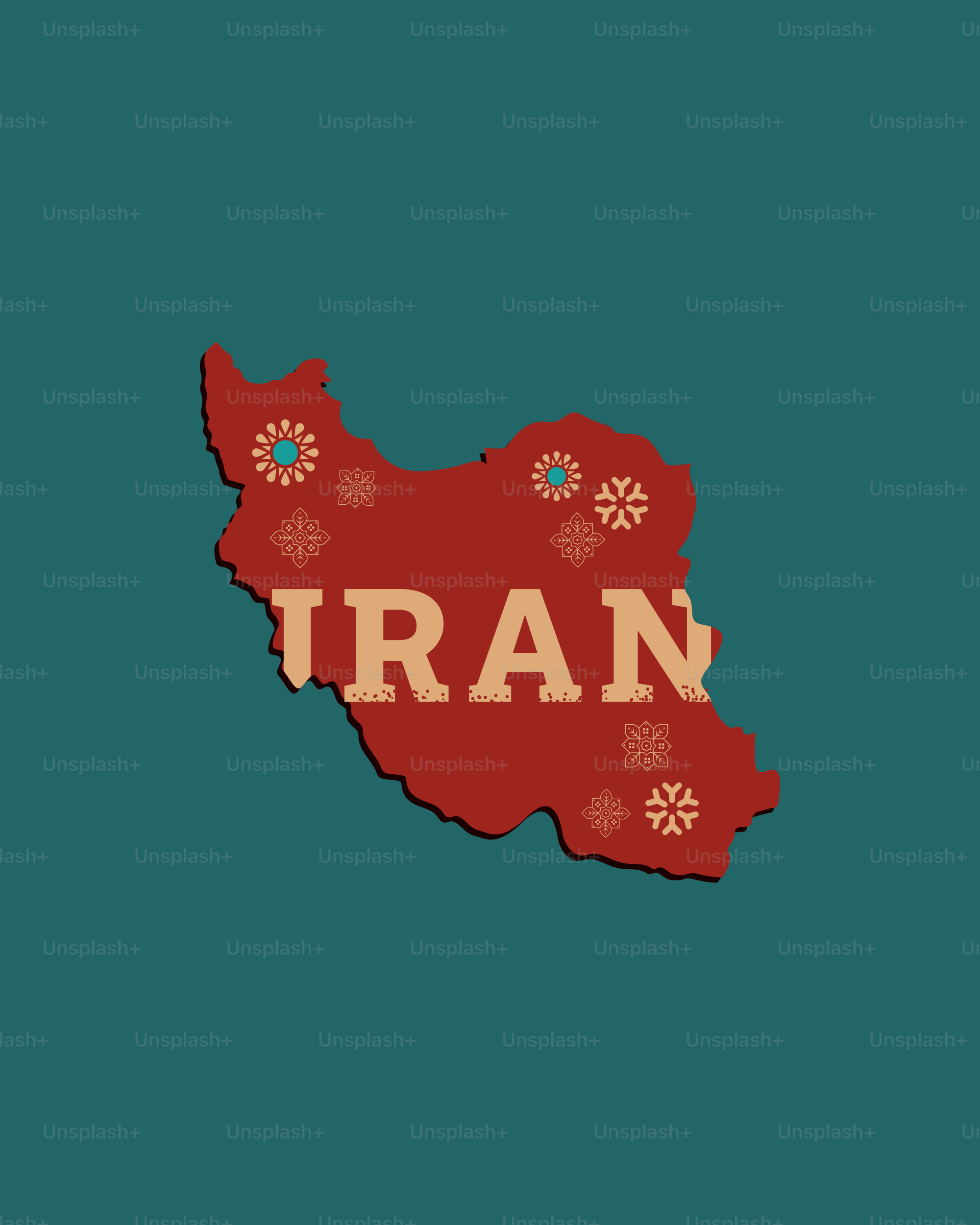 Outline of iran with decorative snowflakes and text.